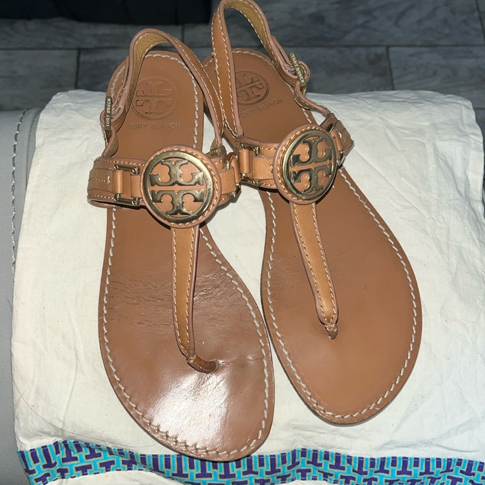 TORY BURCH Everly Brown Leather T-Strap Sandal Size 8.5M